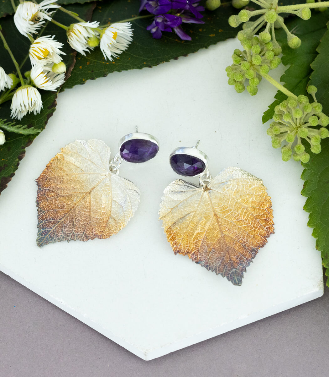 Lindenblatt Ohrhänger Amethyst Silber