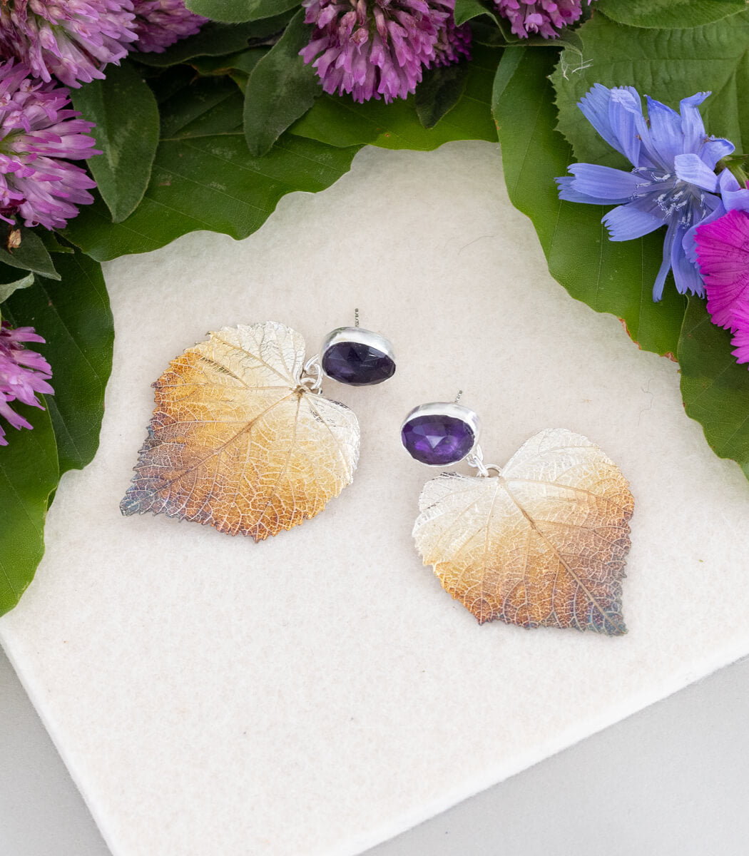 Lindenblatt Ohrhänger Amethyst Silber