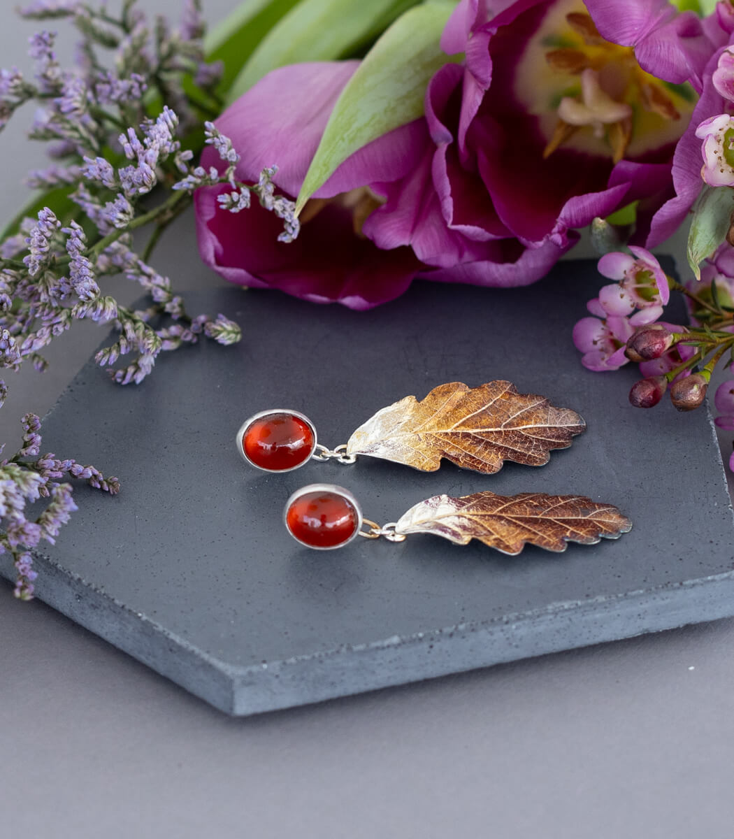Eichenblatt Ohrhänger Granat Silber