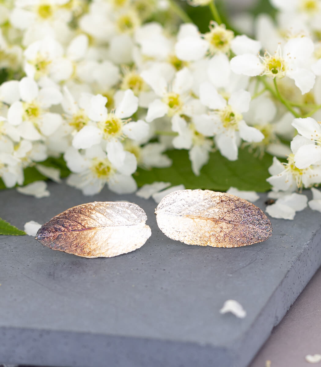 Salbeiblatt Ohrstecker Silber, getragen, Unikat Naturschmuck – goodrun