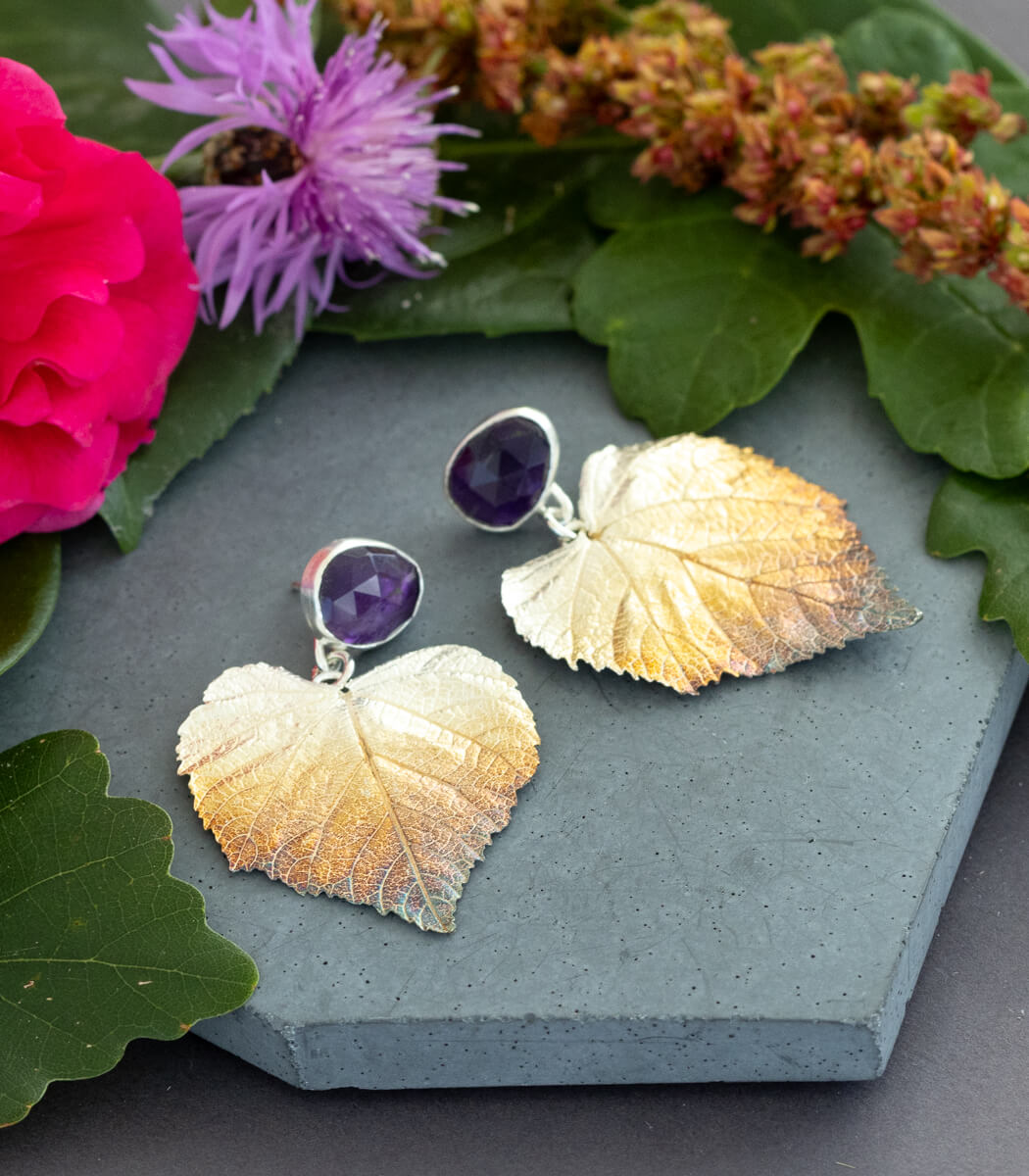 Lindenblatt Ohrhänger Amethyst Silber