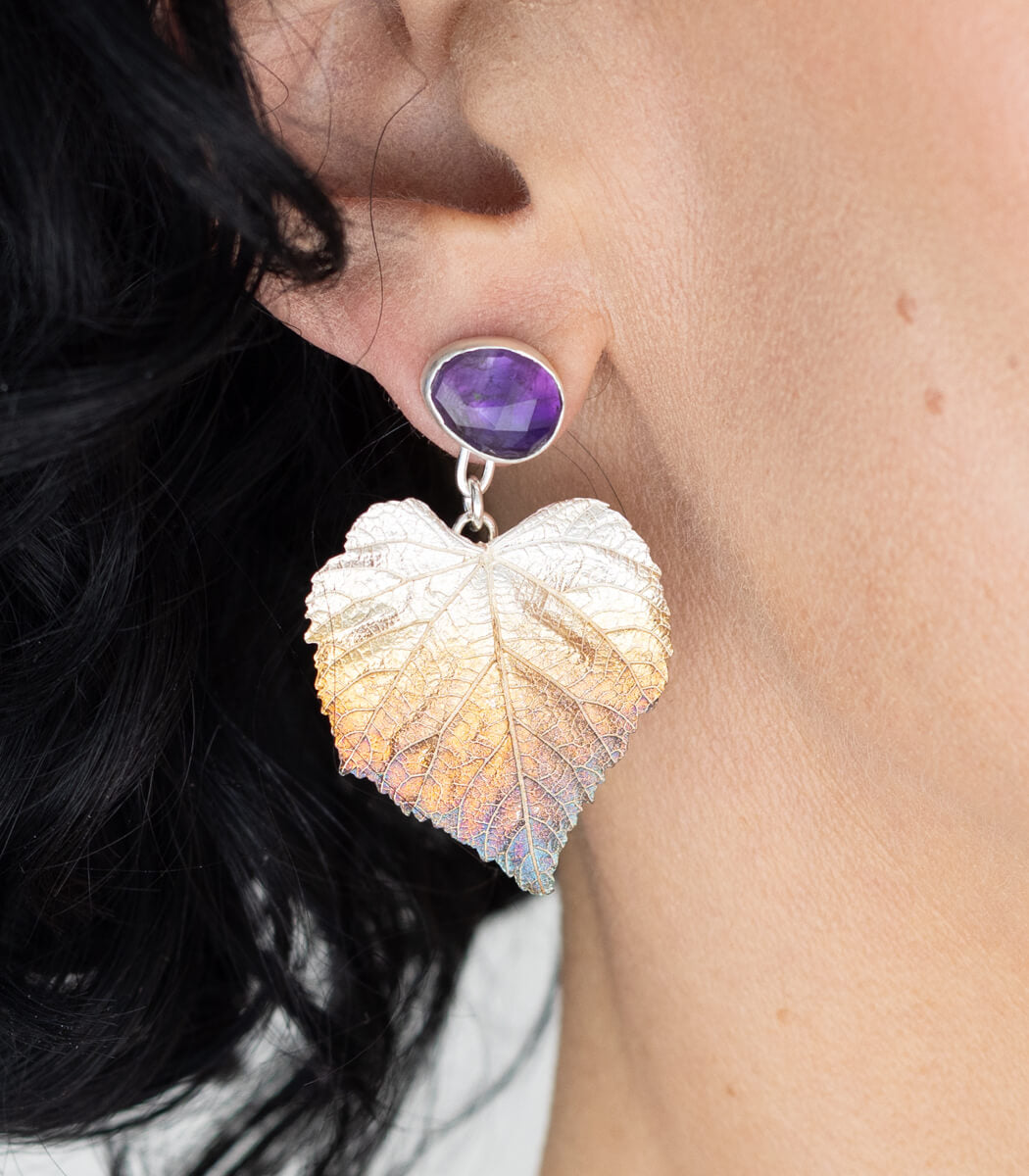 Lindenblatt Ohrhänger Amethyst Silber
