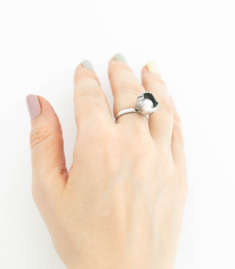 Silber Ring Blüte Perle Gr. 54