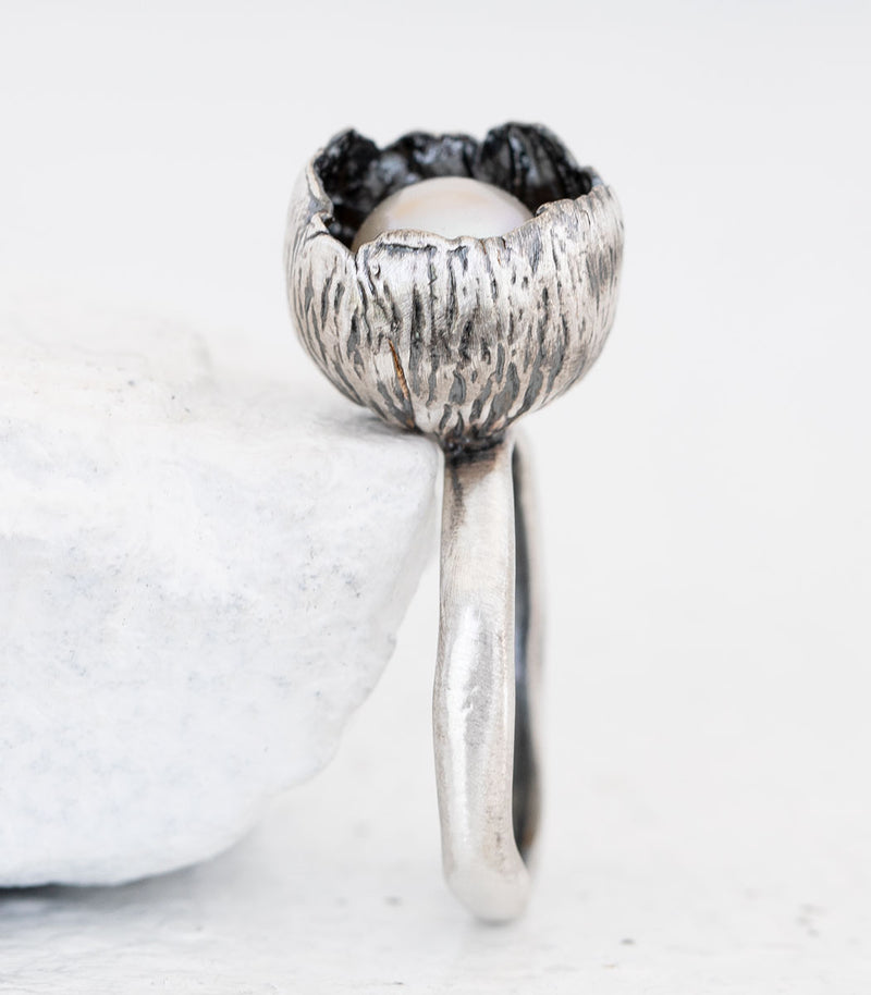 Silber Ring Blüte Perle Gr. 52